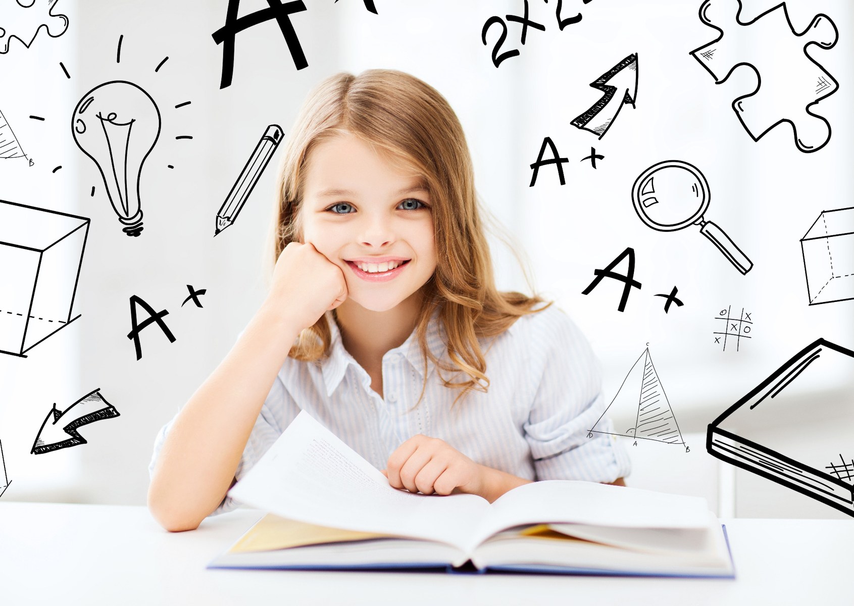 Child studying with an open book and learning illustrations behind her